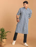 Men's White And Blue Striped Cotton Kurta